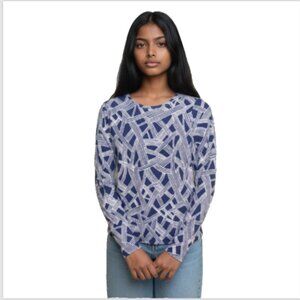 Women’s Top Size Small Blue White Geometric Print Stretch Long Sleeve Career EUC